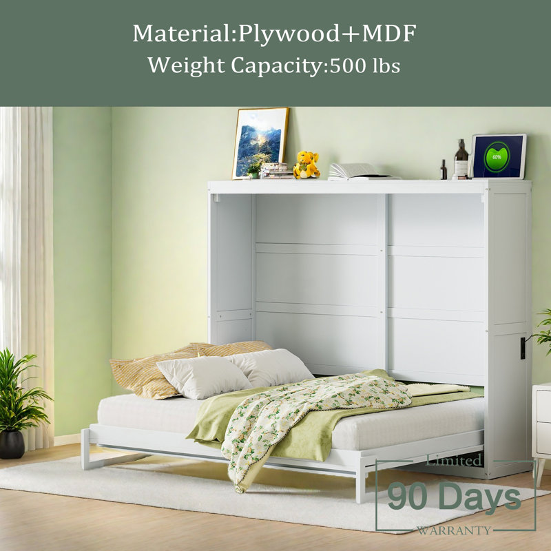 Queen Size Murphy Bed Wall Bed, White, Queen