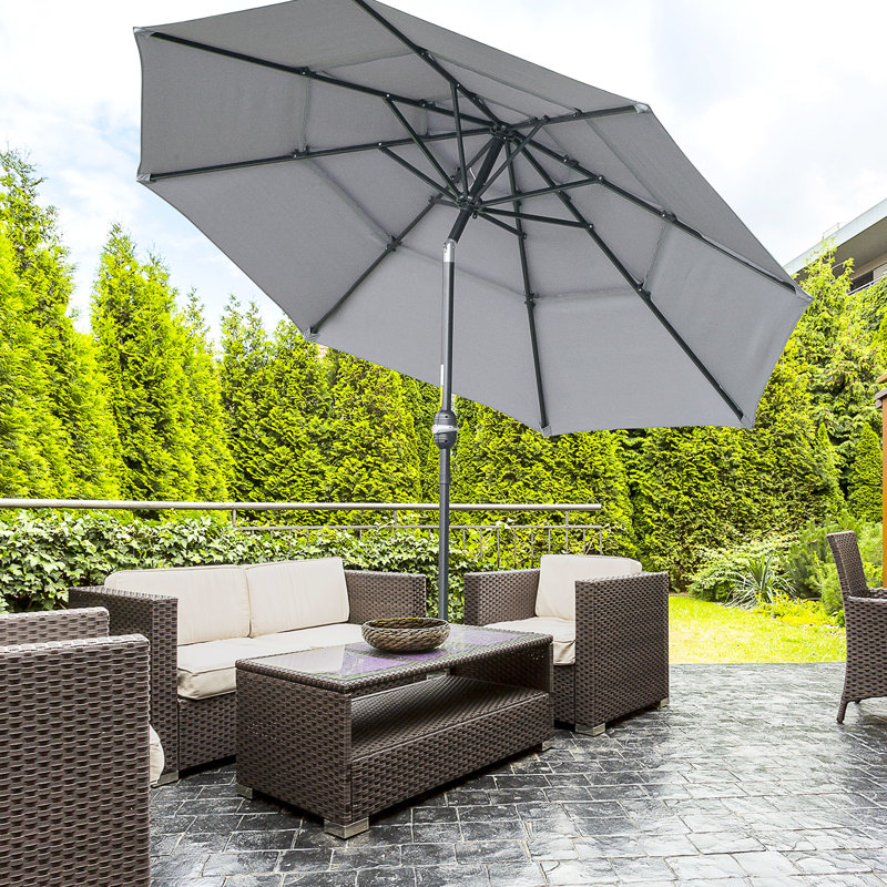 Parasol de marché extérieur gris foncé 9 pi 3 po avec manivelle et bouton-poussoir inclinable pour terrasse avec patio jumelé
