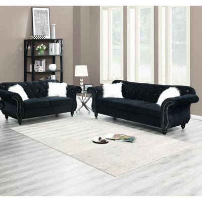 Velours noir revêtu de tissu d'ameublement 2 pièces pour le salon, siège, sièges garnis d'argent, coussins décoratifs de style traditionnel de luxe, canapé, fourni