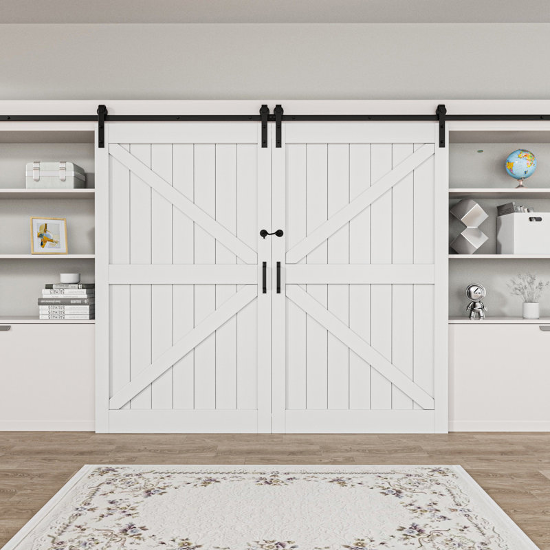84'' Height Manufactured Solid Wood Primed Double Sliding Barn Doors with Installation Hardware Kit (Door Lock included)