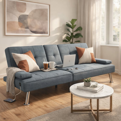 SoftHaus 65" Modern Gray Convertible Futon Sofa Bed with Fold-Down Console, USB Charging Ports and Cupholders