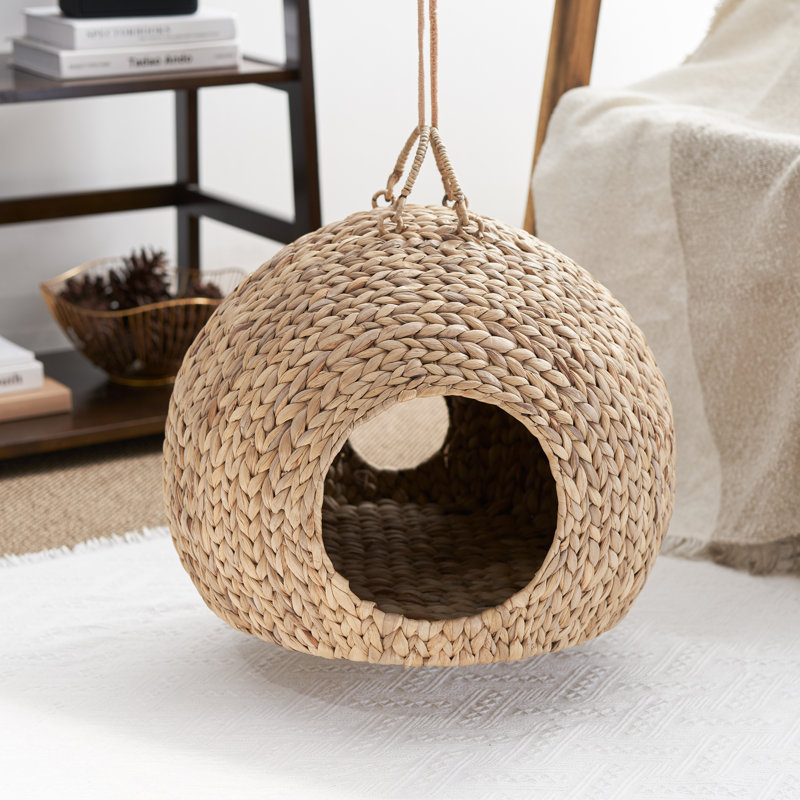 Natural Brown Water Hyacinth Woven Round Cat Bed Cave with Handles