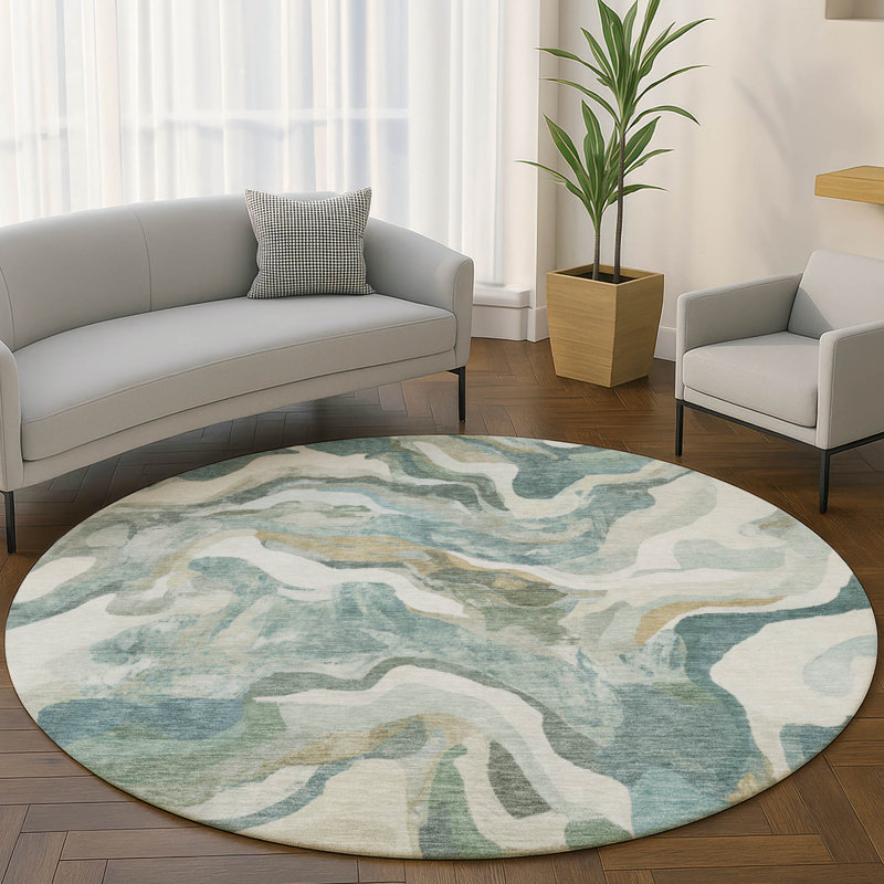 Tapis moderne lavable à la machine de qualité supérieure Mayfield AMF2162, Sarcelle, Rond 8 pi