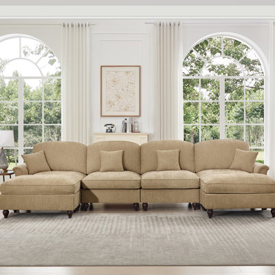 Coffee Chenille 4 Seater Modular With Classic U Shape, Flared Arms, Removable Ruffles, And Movable Ottomans - Meeting Different Demands Shape Ruffles Pleats Skirts, For A Cozy Living Space