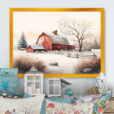 Calm Red Barn In Winter V - ferme / campagne, art mural sur toile