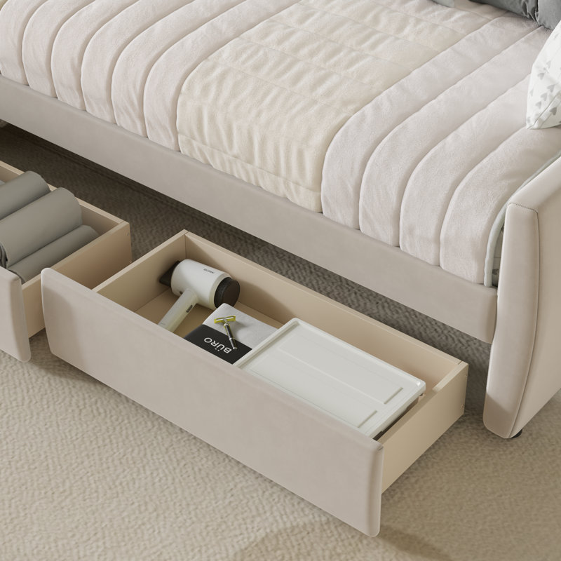 Aghwith Twin Size Upholstered Velvet Daybed with 2 Drawers - Space Maximization, No Box Spring Needed, Beige