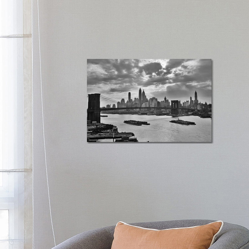 1940s-1950s Dramatic Sunset Downtown New York City Skyline with Brooklyn Bridge Barges in East River NYC, NY, USA 1 Piece Wrapped Canvas Wall Art