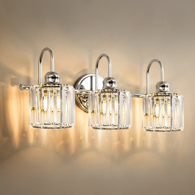 Gjystina 3-Light Dimmable Gold-Black/Chrome Crystal Vanity Light, 3 Lights, Silver