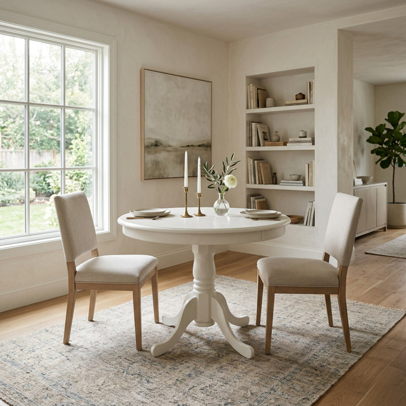 Ensemble de salle à manger 3 pièces en bois massif blanc lin, avec table ronde et 2 chaises à pied central en similicuir.