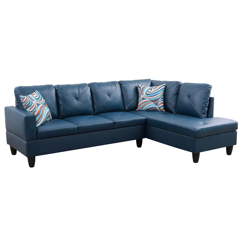 Glennia Faux Leather L-Shaped Sectional, Blue Faux Leather, Right Hand Facing