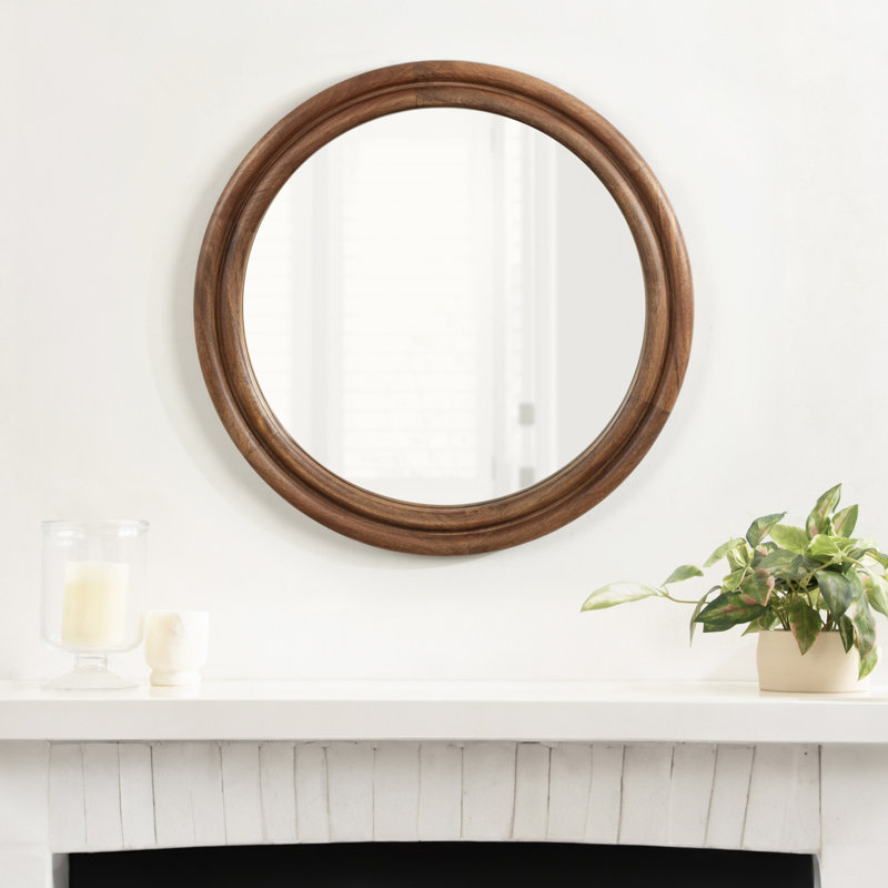 Larina Solid Wood Round Mirror, Brown