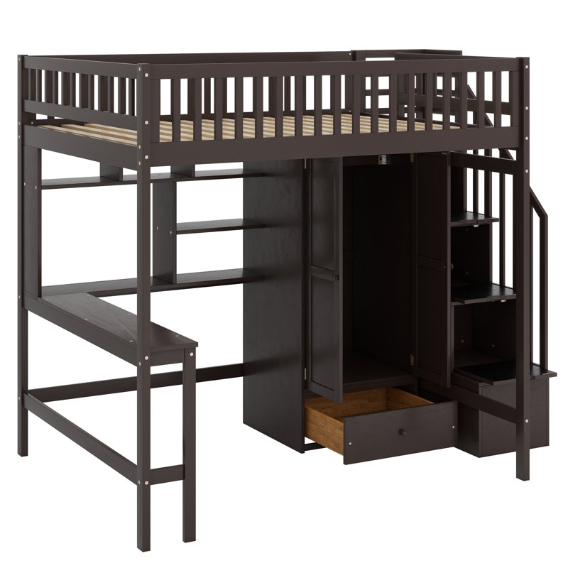 Lit mezzanine avec bibliothèque, tiroirs, bureau et garde-robe, Espresso