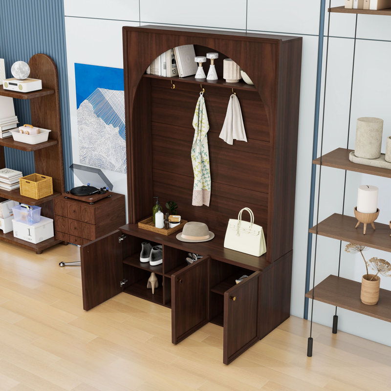 Elegant Hall Tree with Bench, Hooks, Adjustable Shelves and Arched Design, Walnut