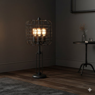 26"H BLACK INDUSTRIAL WIRE CAGE TABLE LAMP W/ EDISON BULB (1PCS/CNT)(2.96/14.43)