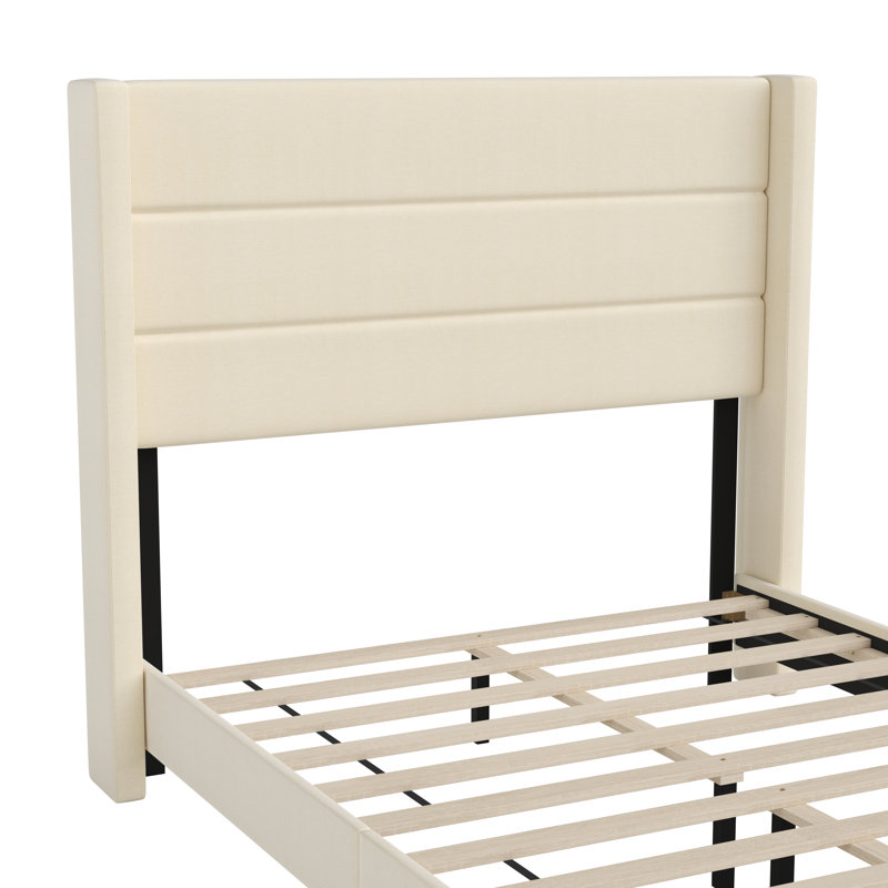 Lit plateforme tapissier avec tête de lit à oreilles et sommier à lattes, Double, Beige