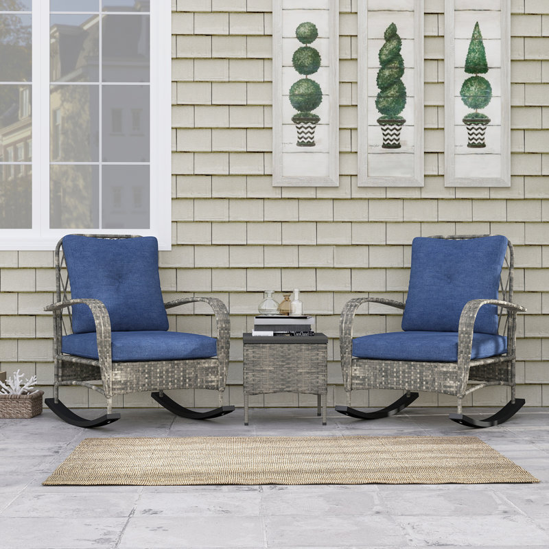 3 Pieces Wicker Patio Furniture Set, PE Rattan Rocking Chairs with Coffee Table, Cushions, Outdoor Bistro Set for Porch, Garden, Poolside
