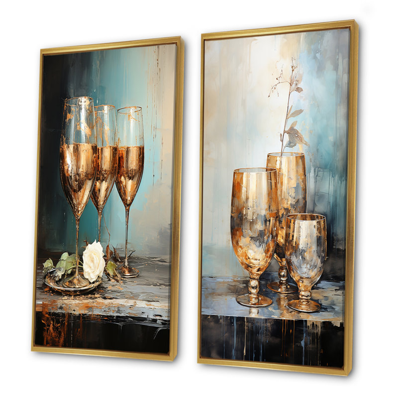 Ensemble de 2 impressions sur toile beige et bleu sarcelle Champange, H 40 po x l 41 po, Encadrement doré