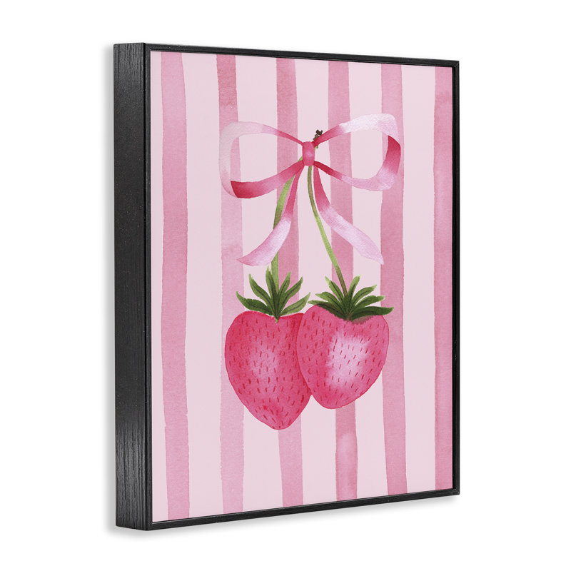 Estampe numérique Coquette Fraises sur rayures, design par Nina Jacobs, H 14 po x l 11 po, Giclée encadrée noir minuit