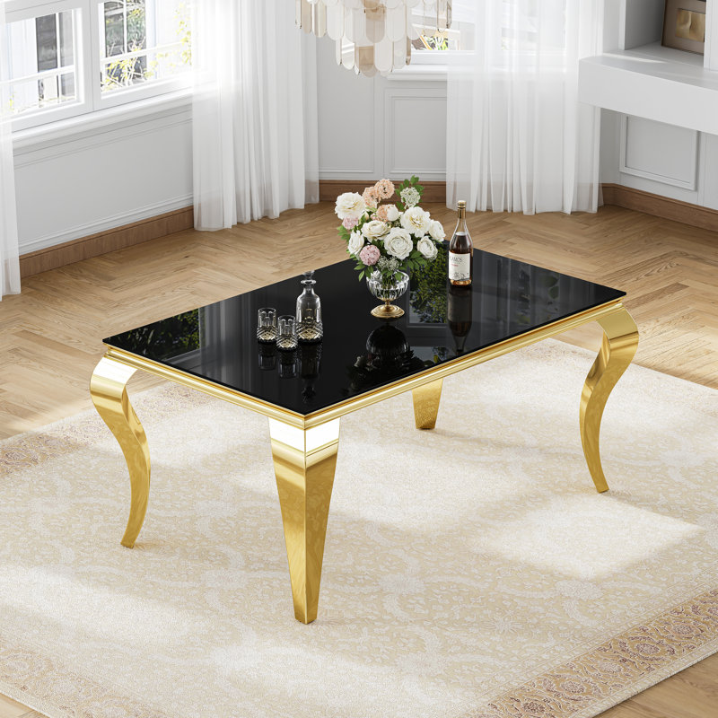 Modern 5-Piece Dining Set, Black Opaque Tempered Glass Dining Table With Mirror Stainless Steel Curved Legs & Velvet Dining Chairs With Tufted Backrest And Nailhead Decoration
