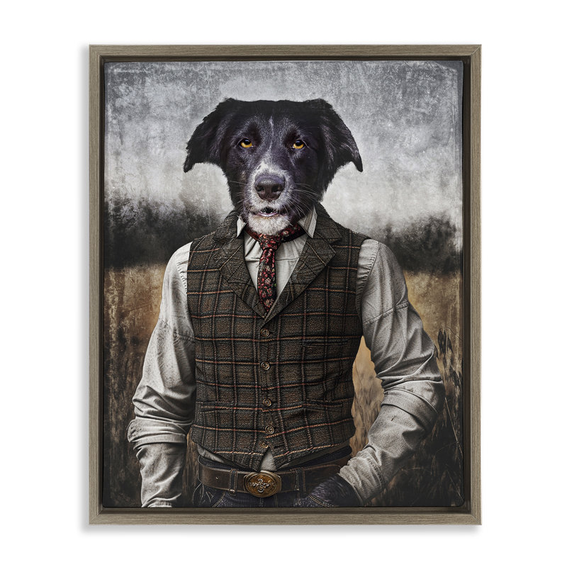 "Chien en vêtements coloniaux" par Karen Burke, Cadre flottant orme Montalcino, H 21 po x l 17 po x P 1,7 po