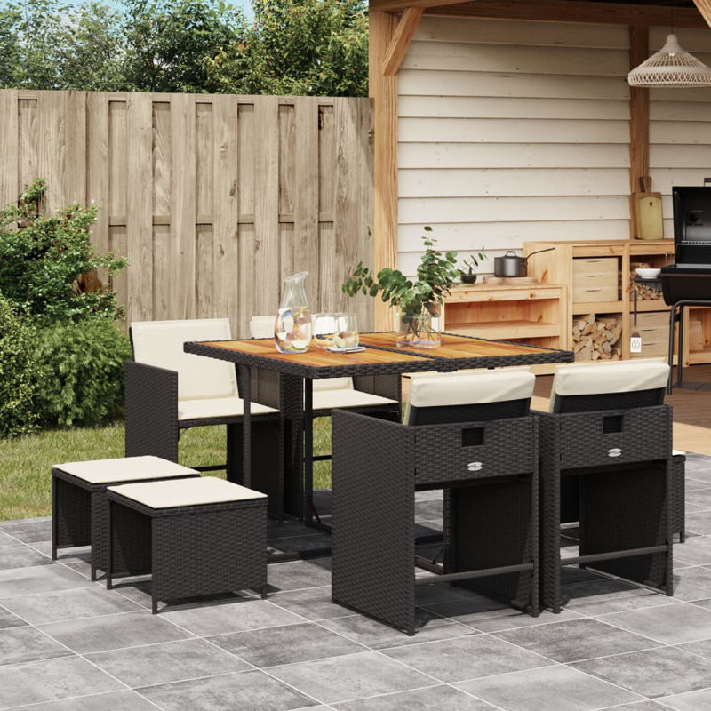 Hokku Designs 9 Piece Patio Dining Set With Cushions Poly Rattan, Blue/Gray, Solid Wood