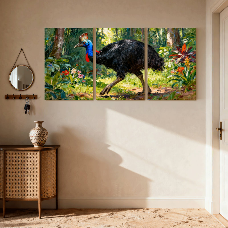 Oiseaux casoar en forêt avec fleurs colorées, ensemble de 3 impressions sur toile, H 18 po x l 36 po