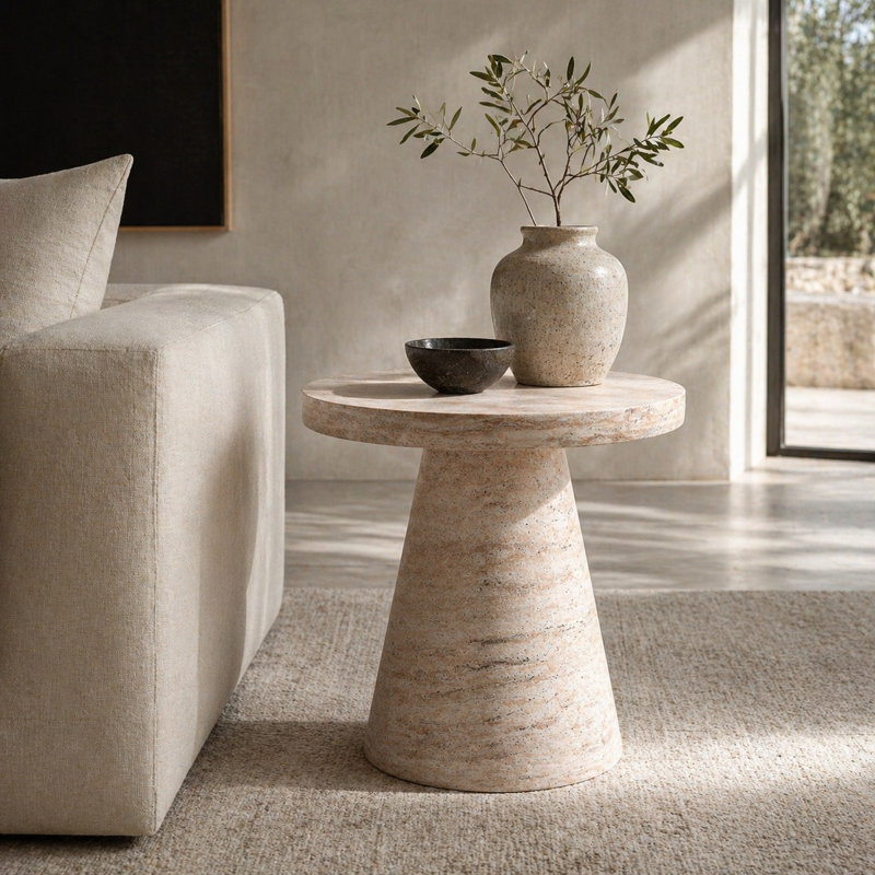 Modern Round Magnesium Oxide End Table, 22.8" Wabi-Sabi Side Table with Tapered Base, Matte Faux-Stone Finish for Living Room & Sofa