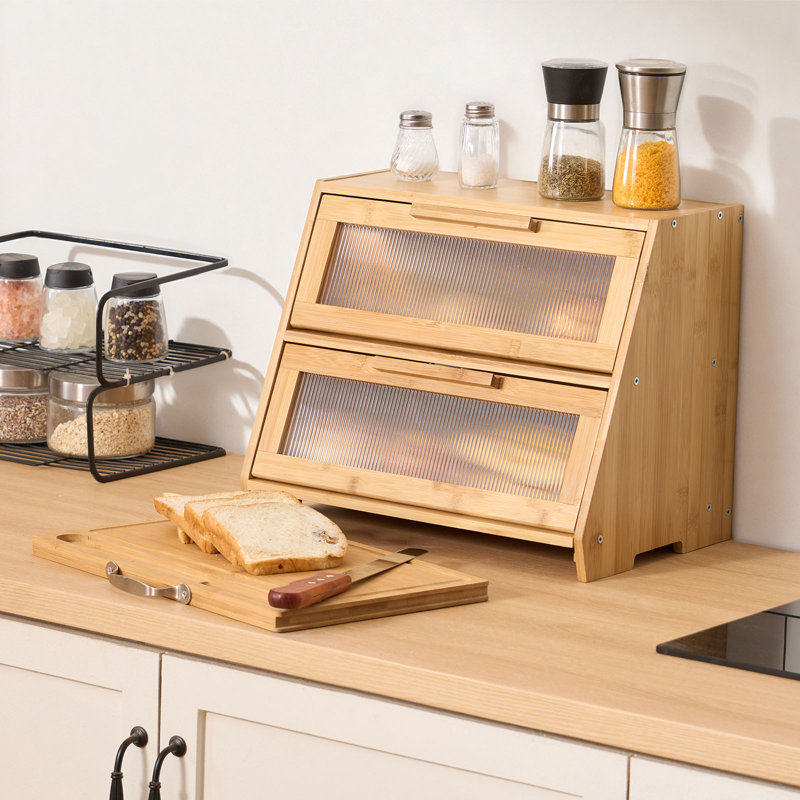 Double Layer Bread Box for Kitchen Counter Bamboo Storage Container Natural