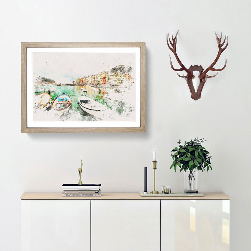 Docked Boats In Portovenere Italy - Picture Frame Painting, 36cm H x 48cm W x 2cm D, Oak Framed