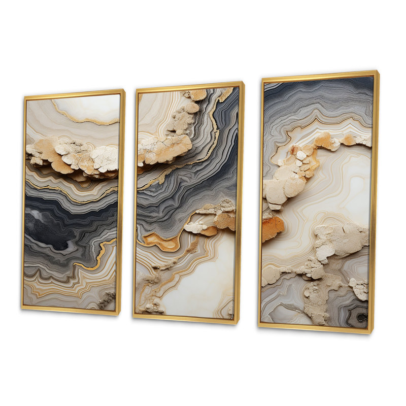 Gris et orange Minimalisme pierre Geode - Ensemble de décoration murale pierre géode, H 40 po x l 60 po, Cadre flottant doré