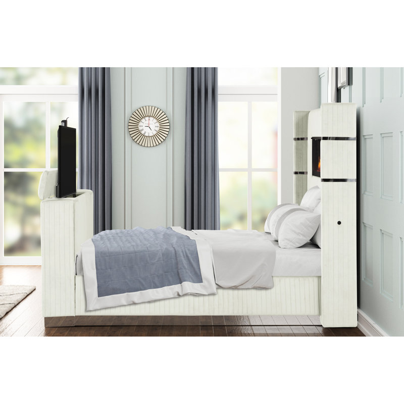 Grand lit moderne avec foyer tête de lit et meuble télé, cadre beige pour chambre à coucher