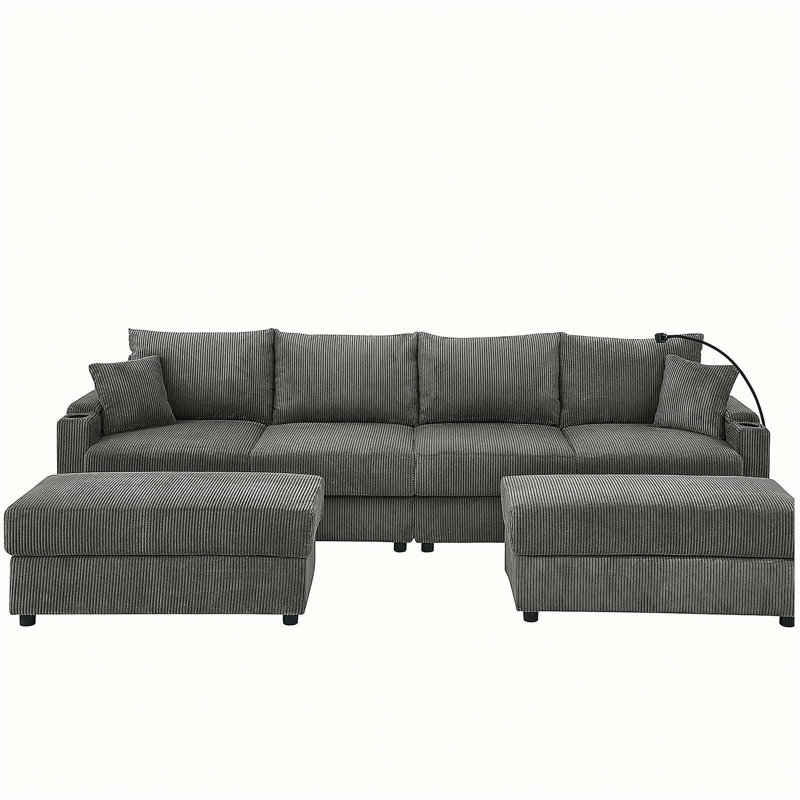 Canapé en U moderne pour quatre personnes avec espace de rangement, deux repose-pieds, canapé profond avec porte-gobelet et porte-téléphone, canapé en velours côtelé gris, convient au salon