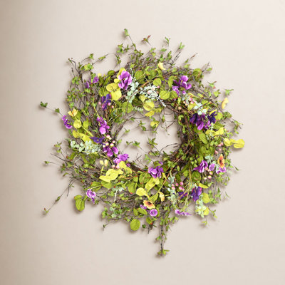 26" Artificial Farmhouse Twig Blossoms Cluster Greenery Mini Eucalyptus Berry Pansy Floral Spring Summer Wreath For Front Door