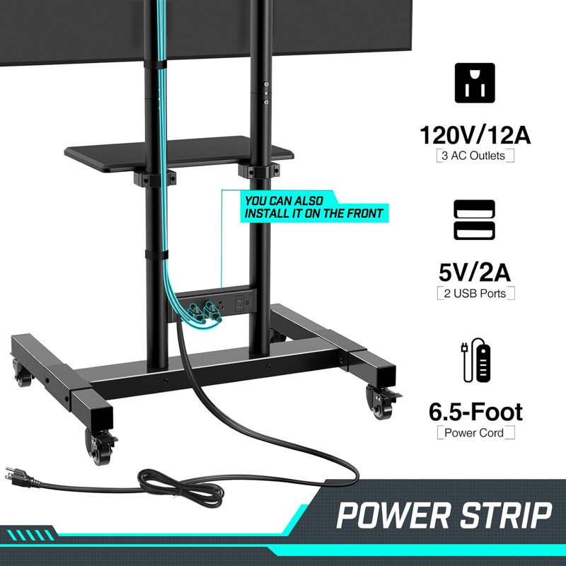 Height Adjustable TV Stand With Power Outlet, Mobile Rolling Cart For 32-85 Inch Flat/Curved Screens, Supports Up To 132Lbs, VESA 600X400mm, Includes AV Shelf And Cable Management