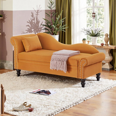 Chaise longue en velours avec rangement, méridienne ergonomique avec accoudoir gauche et coussin lombaire