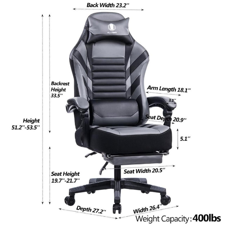 Fauteuil de jeu vidéo ergonomique réglable, Gris