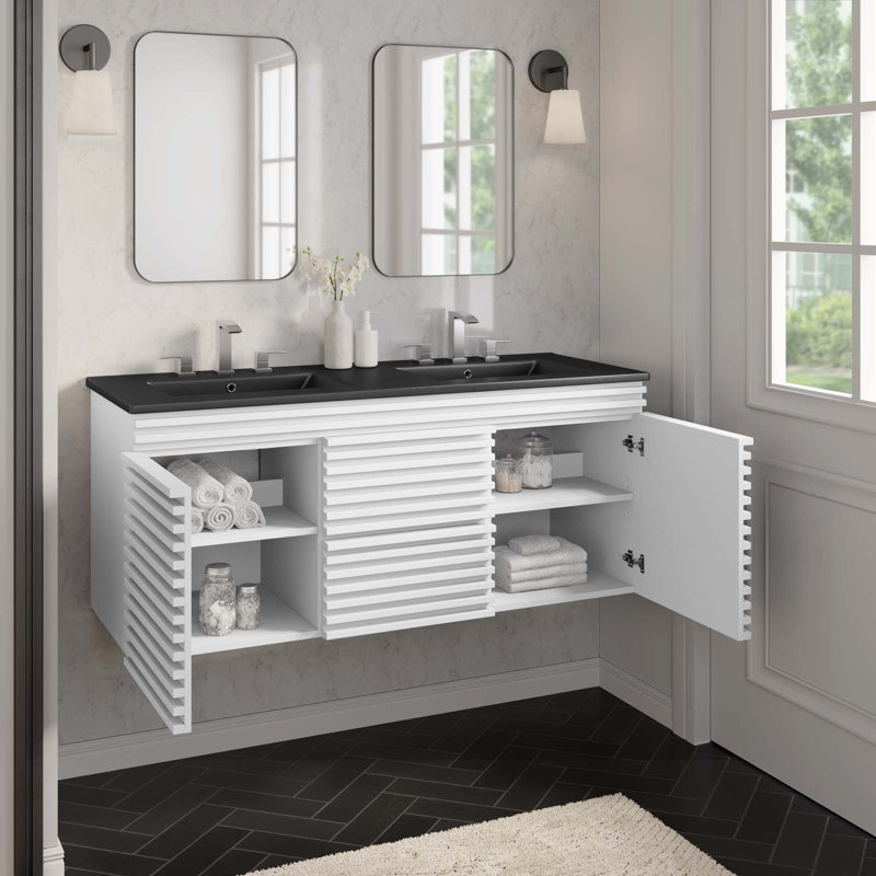Modway Render 48" Wall-Mount Bathroom Vanity, Black, White