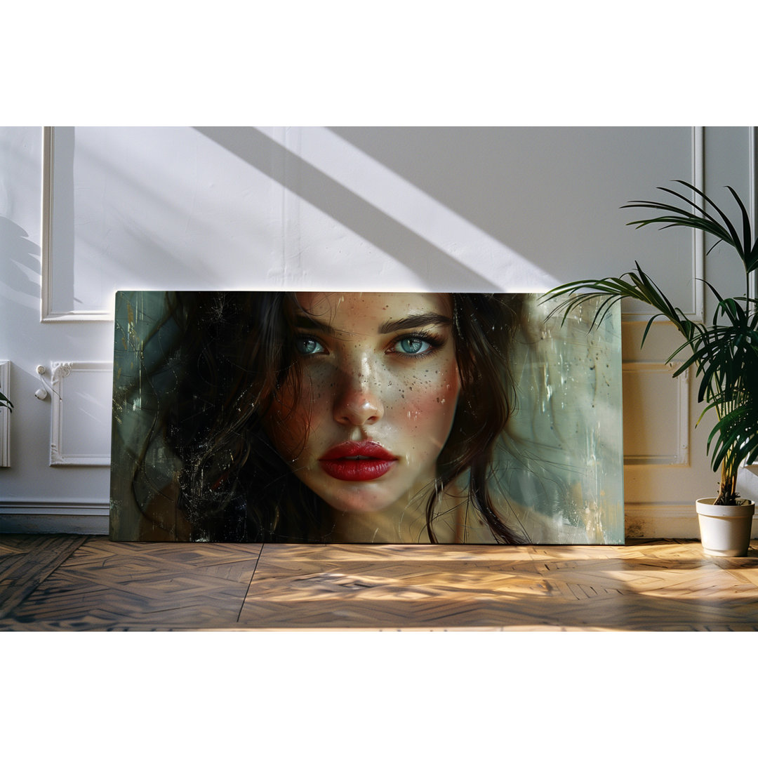 Wandbild 120x60cm Porträt einer jungen Frau Model grüne Augen roter Lippenstift