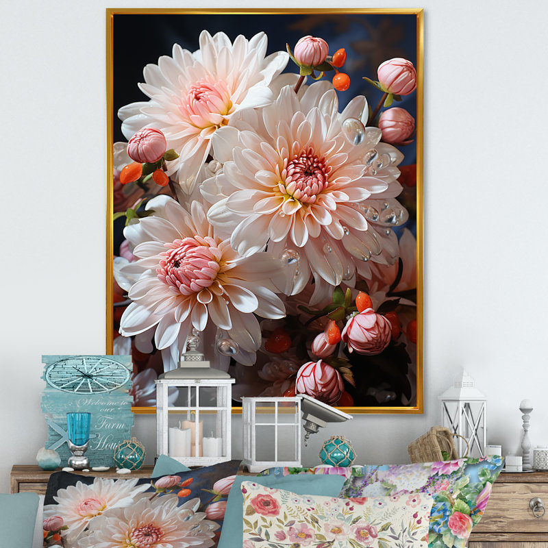 Rose et blanc, floraison de chrysanthèmes, art mural - Chrysanthèmes, Cadre flottant doré, H 40 po x l 30 po x P 1,5 po