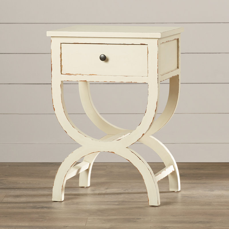 Cafar 116.13cm W Solid Wood Bedside Table, Distressed Vanilla
