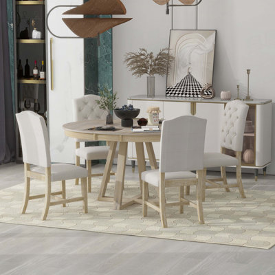 Tonecia 5-Piece Retro Style Functional Extendable Dining Set,Round Table with Leaf+4 Upholstered Chairs -  Red Barrel Studio®, 22DD9B8332E64241ACFD84D3430C6CE4