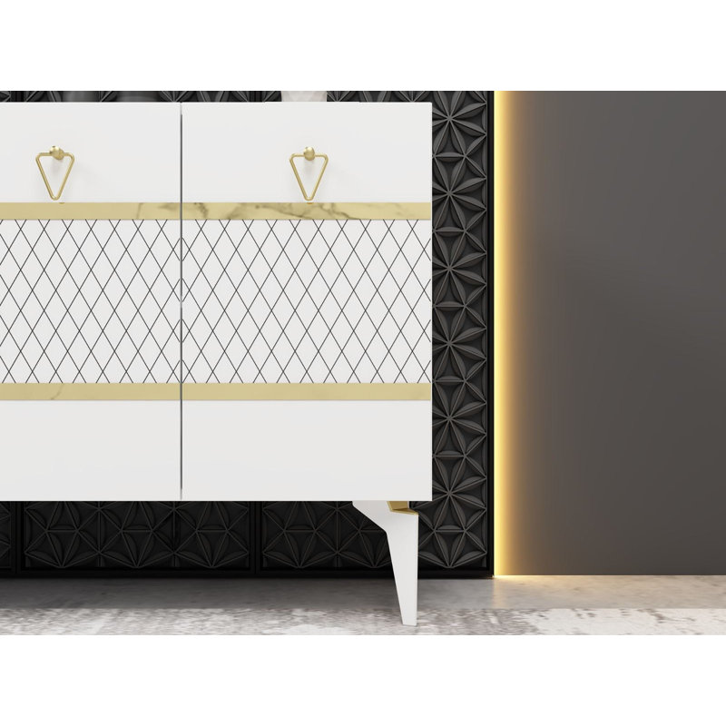 Console moderne blanc et or, panneau de particules recouvert de mélamine à 100%, épaisseur: 0,7 pouce | Plusieurs tablettes, conception à fixation murale, esthétique géométrique élégante pour la décoration intérieure