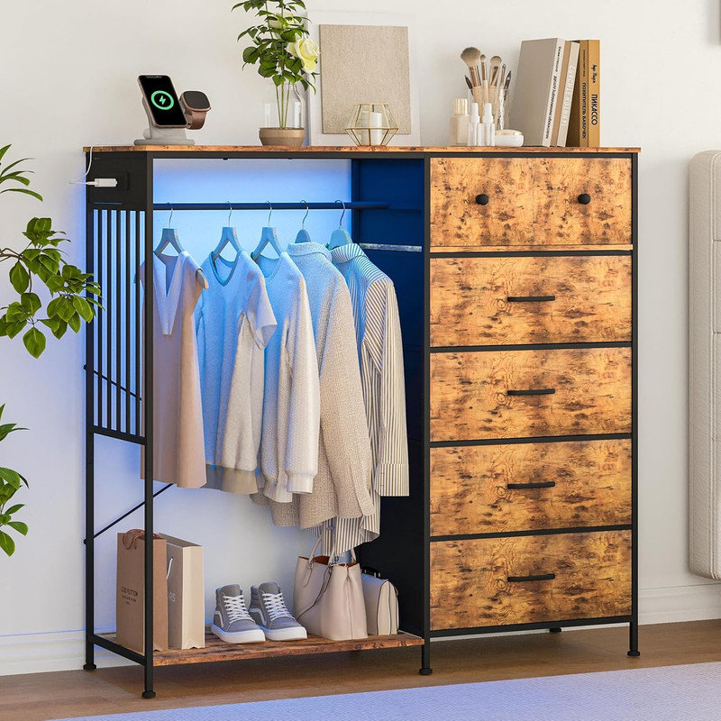 49" Dresser with Hanging Rack & LED Lights, 6-Drawer Closet Organizer with Charging Station, Brown