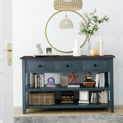 Console rétro avec deux tablettes ouvertes, structure en bois de pin massif et pieds pour le salon (bleu marine)