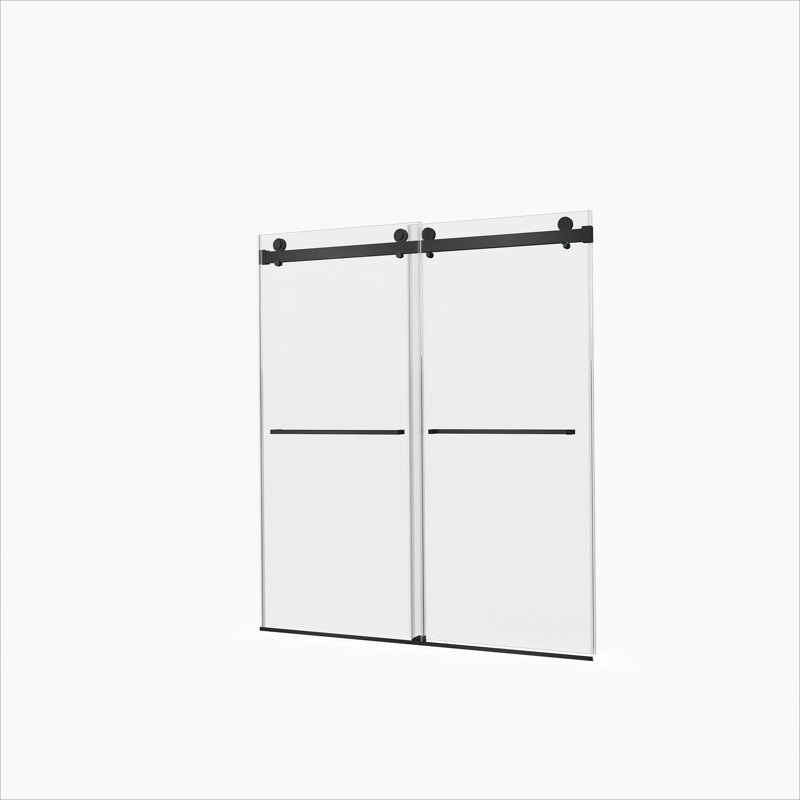 Porte de douche coulissante double sans cadre l 56 à 60 po x H 70 po, verre trempé clair de 5/16 po (8 mm) de large épaisseur, couche facile à nettoyer à double face, fini noir mat avec tampon