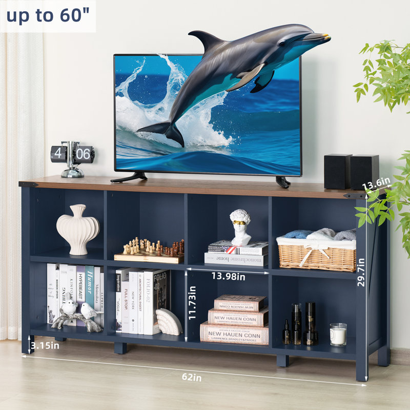 Farmhouse Wood Long Storage Organizer Bookcase, (2 Shelves)  29.7" H x 62" W x 13.6" D, Blue