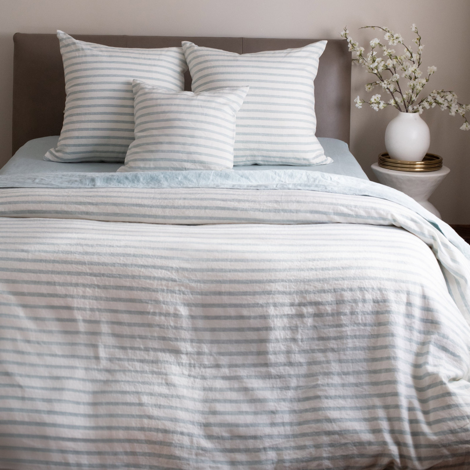 100% French Linen Duvet Cover, King Duvet Cover, Cream/Wave Stripe