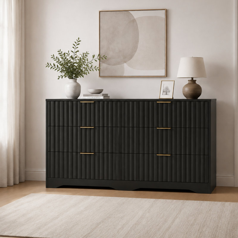 Commode 6 tiroirs cannelée en bois moderne, Noir