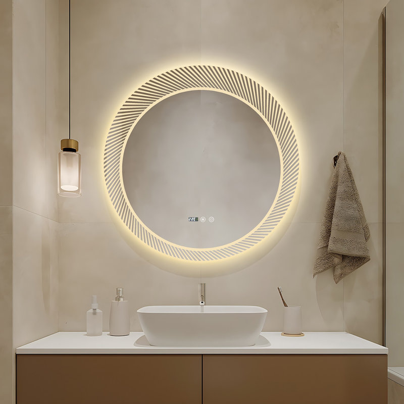 Frameless Round LED Smart Mirror With Laser Engraving Pattern, White