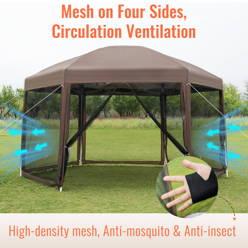 Brown 13x13ft Hexagonal Pop Up Gazebo with Mosquito Netting